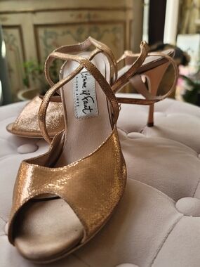 Women’s Metallic Rose Gold Strappy Peep-Toe Heels